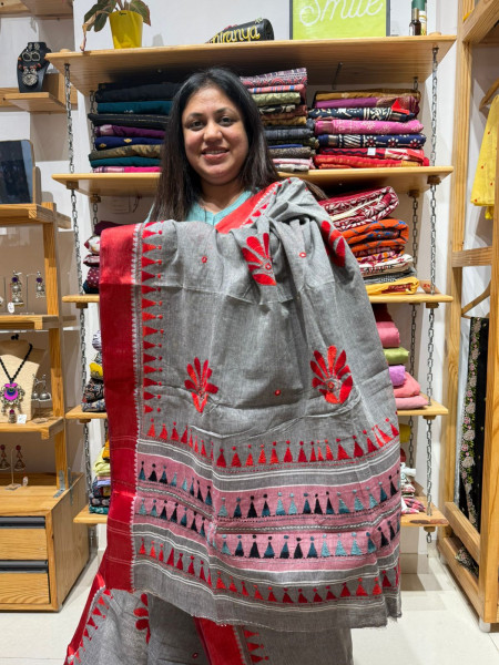 Mirror Gujrati Work Saree - Grey Red