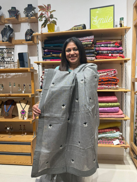 Patchwork & Handwork Cotton Saree - Grey