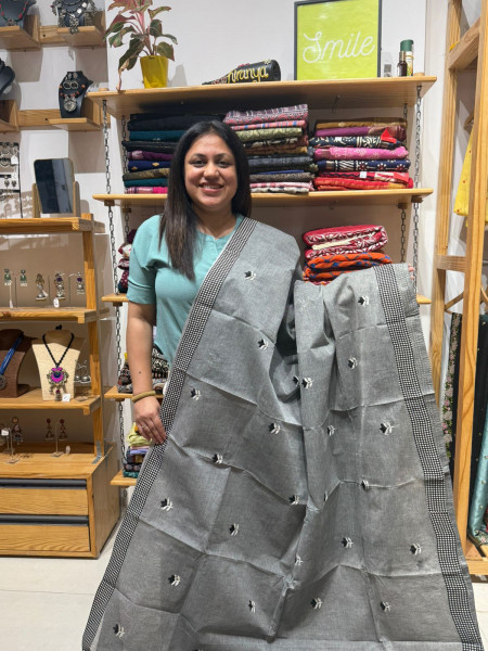 Patchwork & Handwork Cotton Saree - Grey