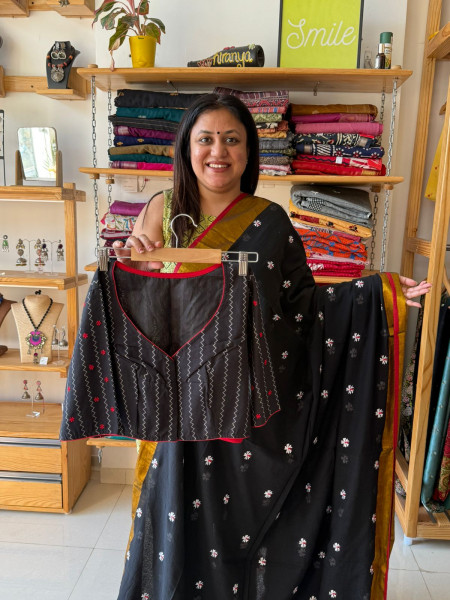 Black Parijat Mul Saree With Black Embroidered Blouse