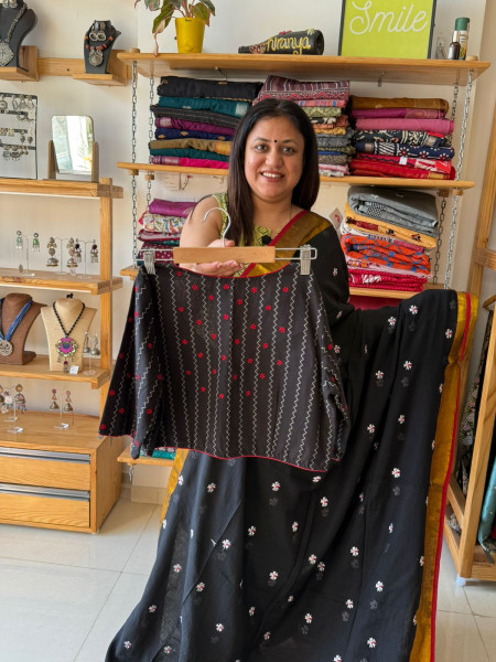 Black Parijat Mul Saree With Black Embroidered Blouse