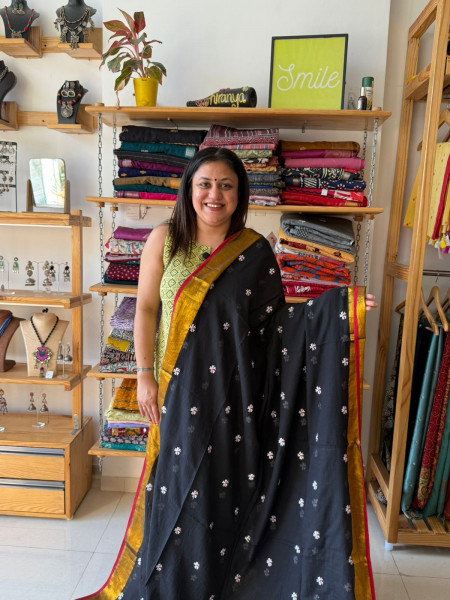 Black Parijat Mul Saree With Black Embroidered Blouse