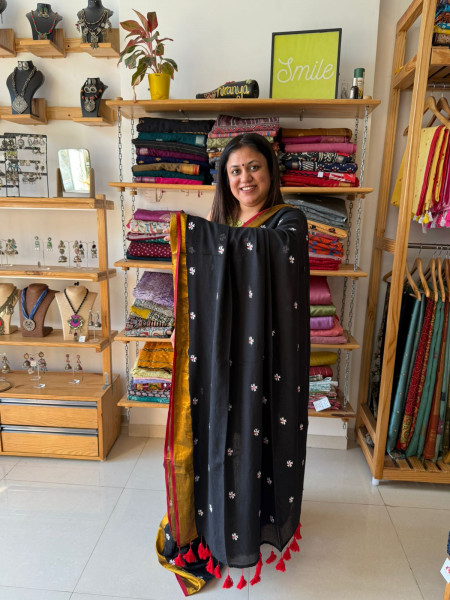 Black Parijat Mul Saree With Black Embroidered Blouse