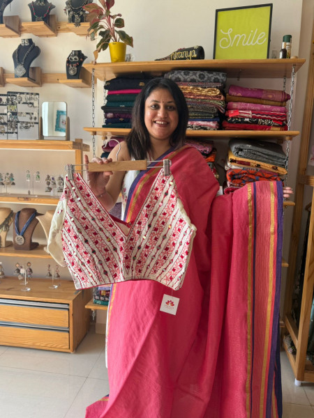 Zari Stripes Pink Saree with White Mirror Embroidered Blouse