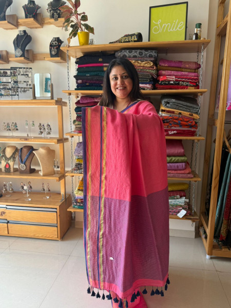 Zari Stripes Pink Saree with White Mirror Embroidered Blouse