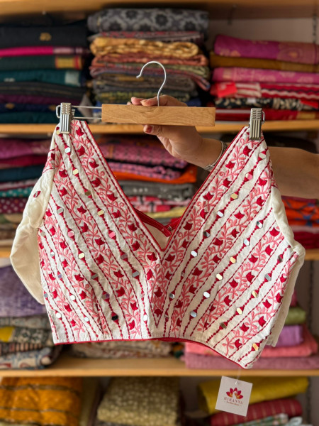 Zari Stripes Pink Saree with White Mirror Embroidered Blouse