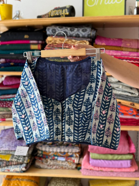 Bestseller Indigo Blouse with Baby Pink Embroidery