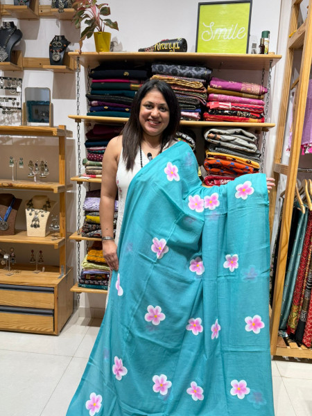 Handpainted Saree with Pink Padded Sleeveless Blouse