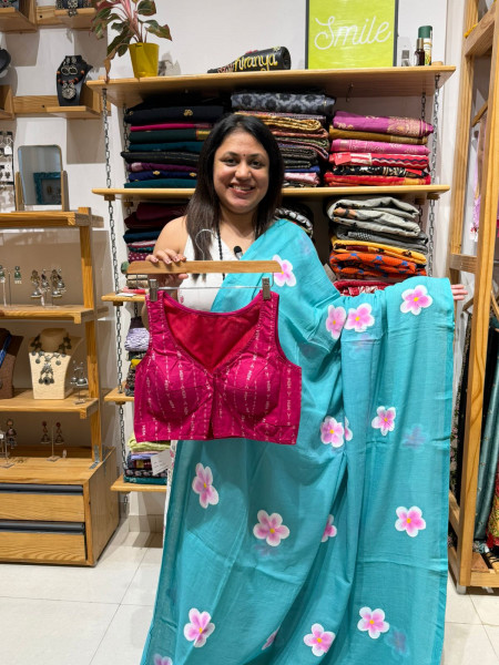 Handpainted Saree with Pink Padded Sleeveless Blouse