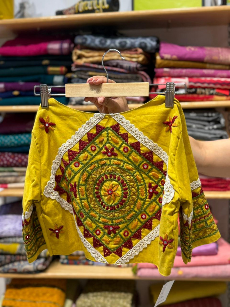 Image of Mustard BAck Embroidered Blouse