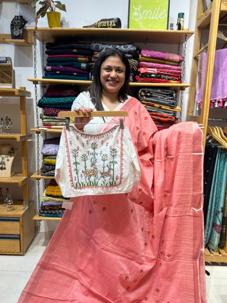 Linen Cotton Saree with Deer Embroidery White Blouse