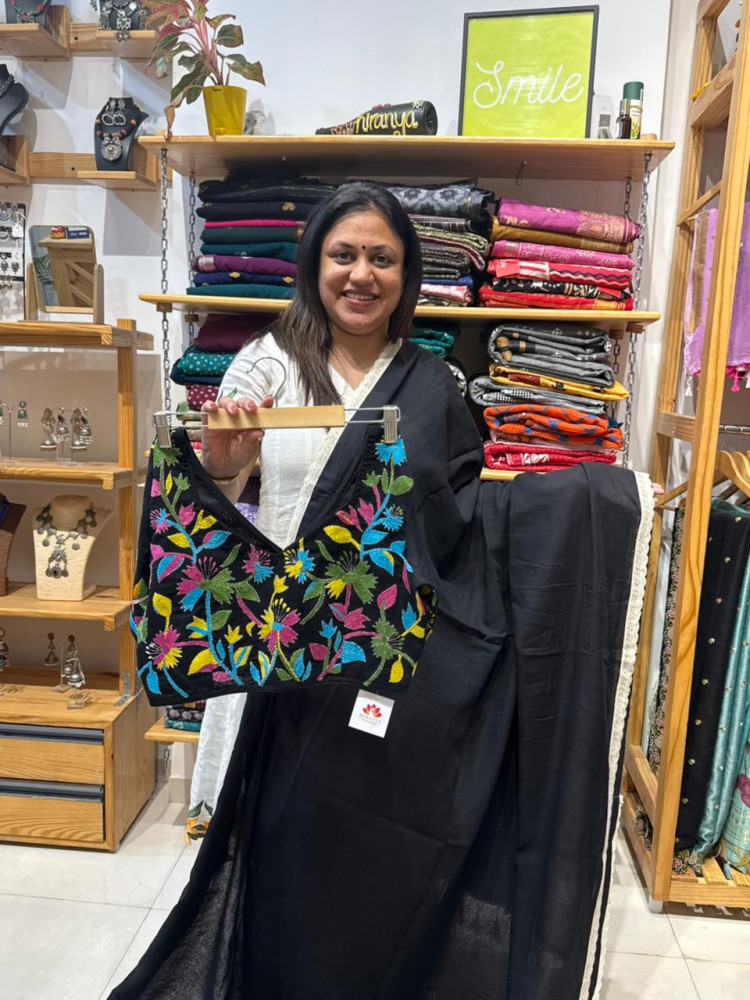 Image of Black Mul Saree with Lace borders &amp; Black Kantha Blouse