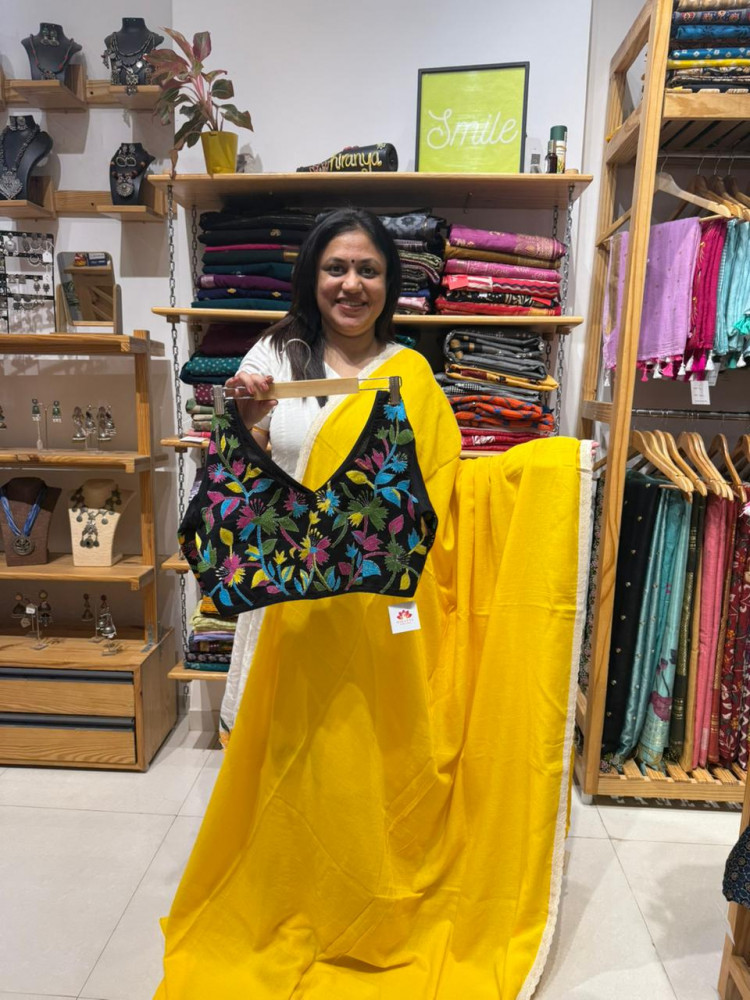 Image of Yellow Mul Saree with Lace borders &amp; Black Kantha Blouse