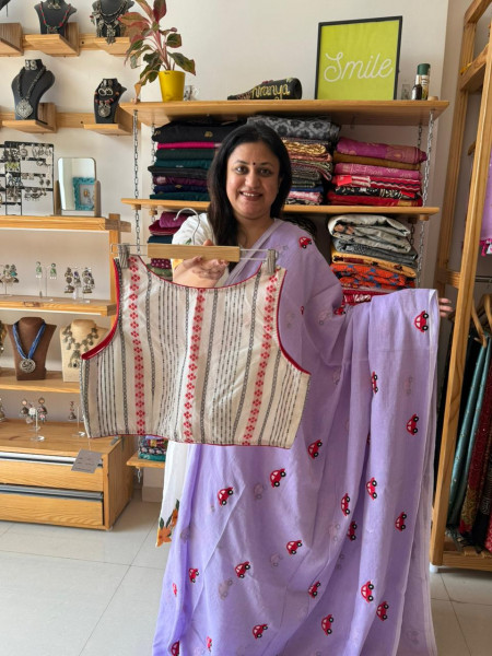 Cars Embroidery Saree and Sleeveles Blouse