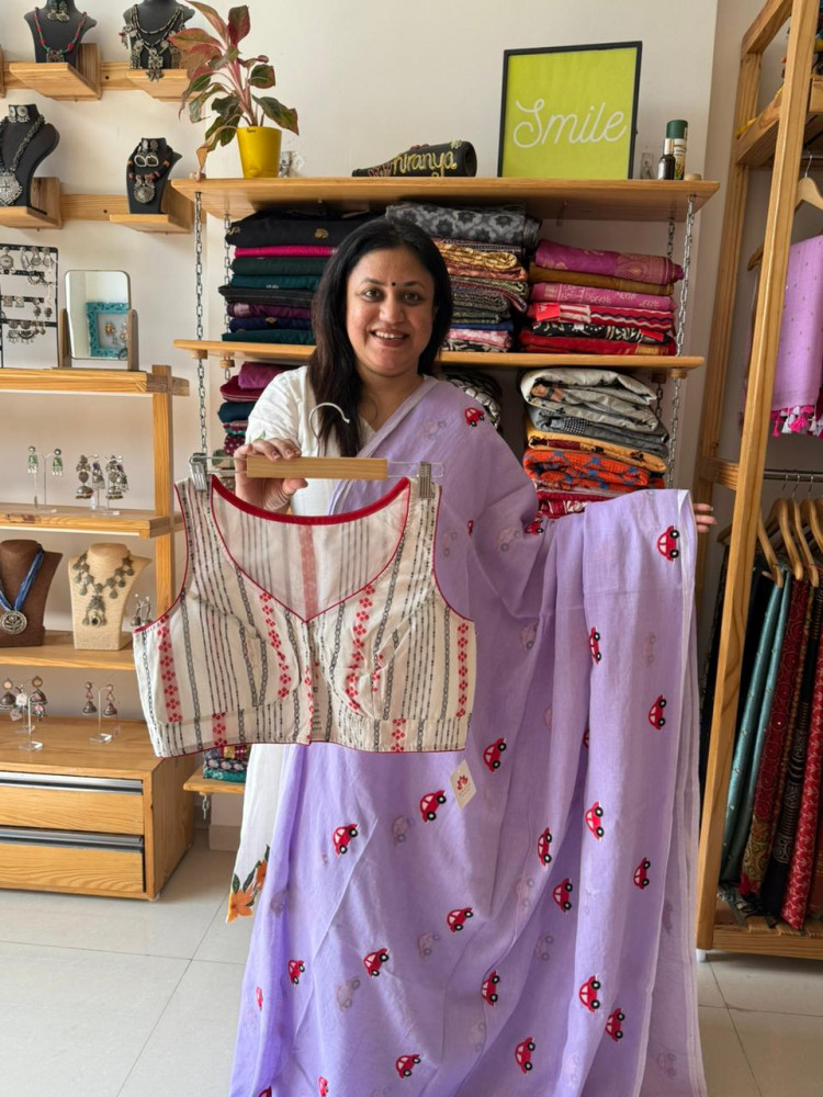 Image of Cars Embroidery Saree and Sleeveles Blouse