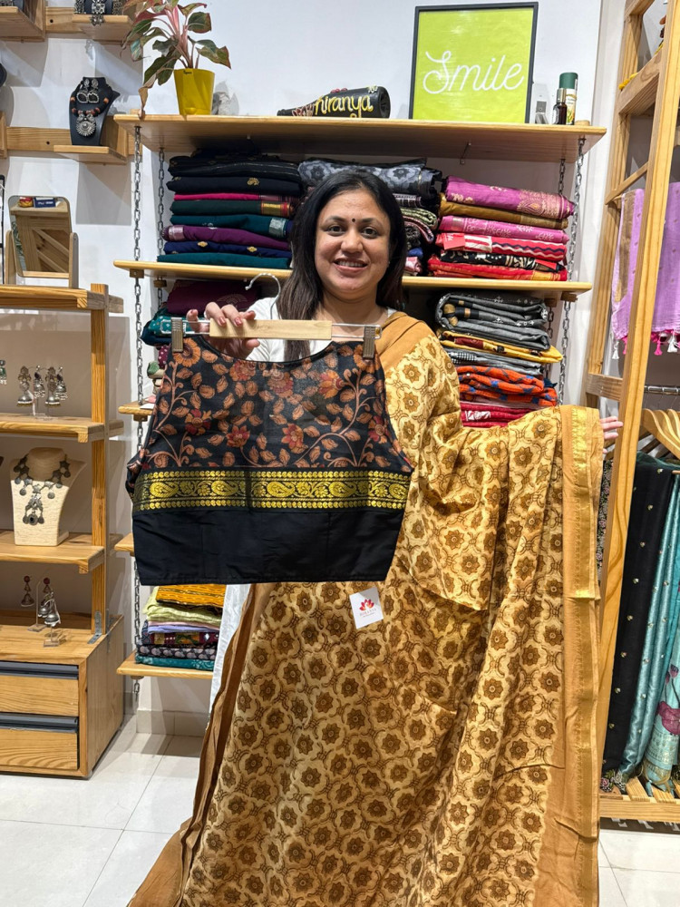 Image of Blockprint ART Chanderi Saree with Kalamkari Patchwork Blouse