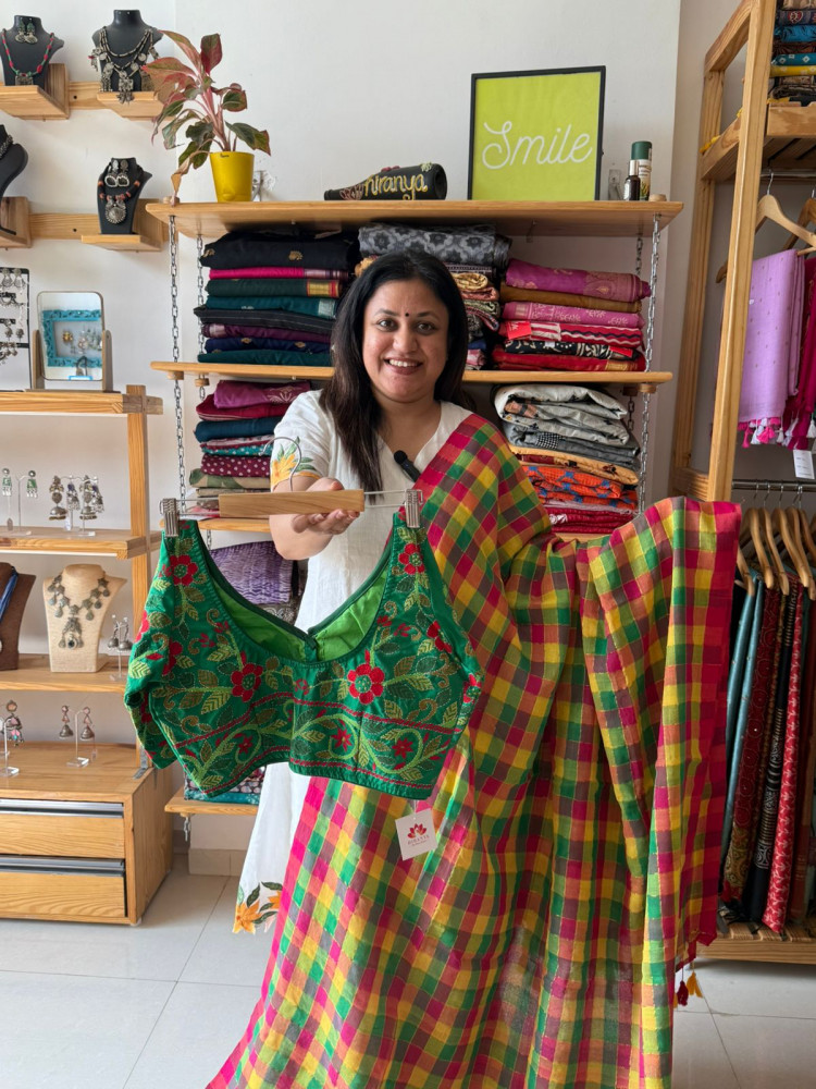 Image of Checkered Multicolour Saree with Kantha stitch Blouse 