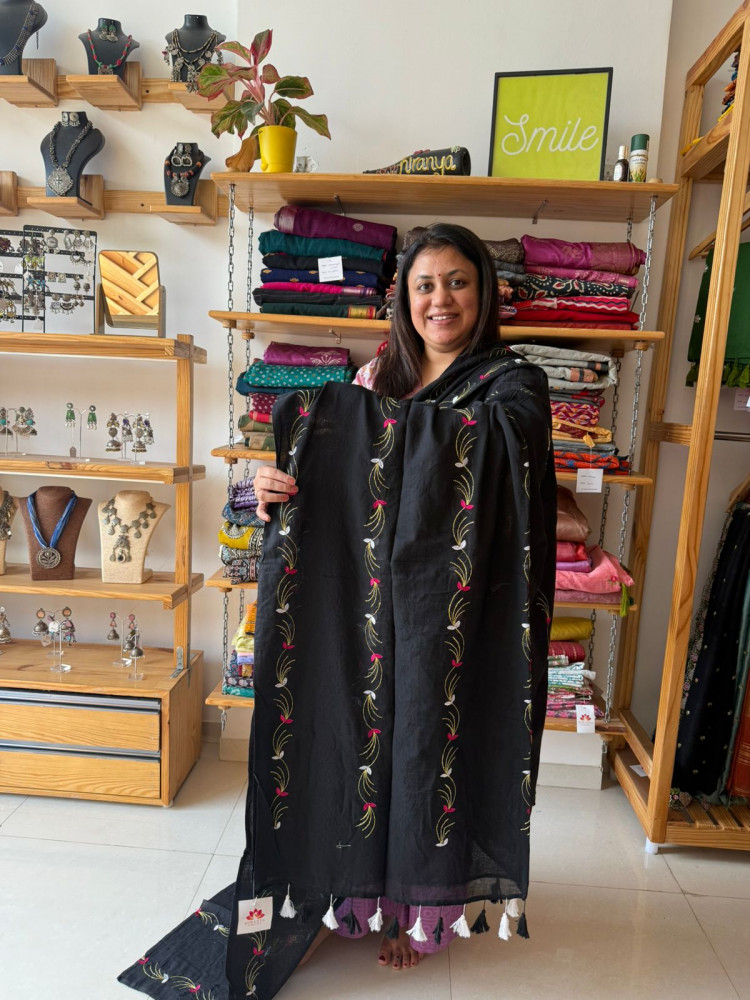 Image of Machine Embroidered Mul Saree - Black