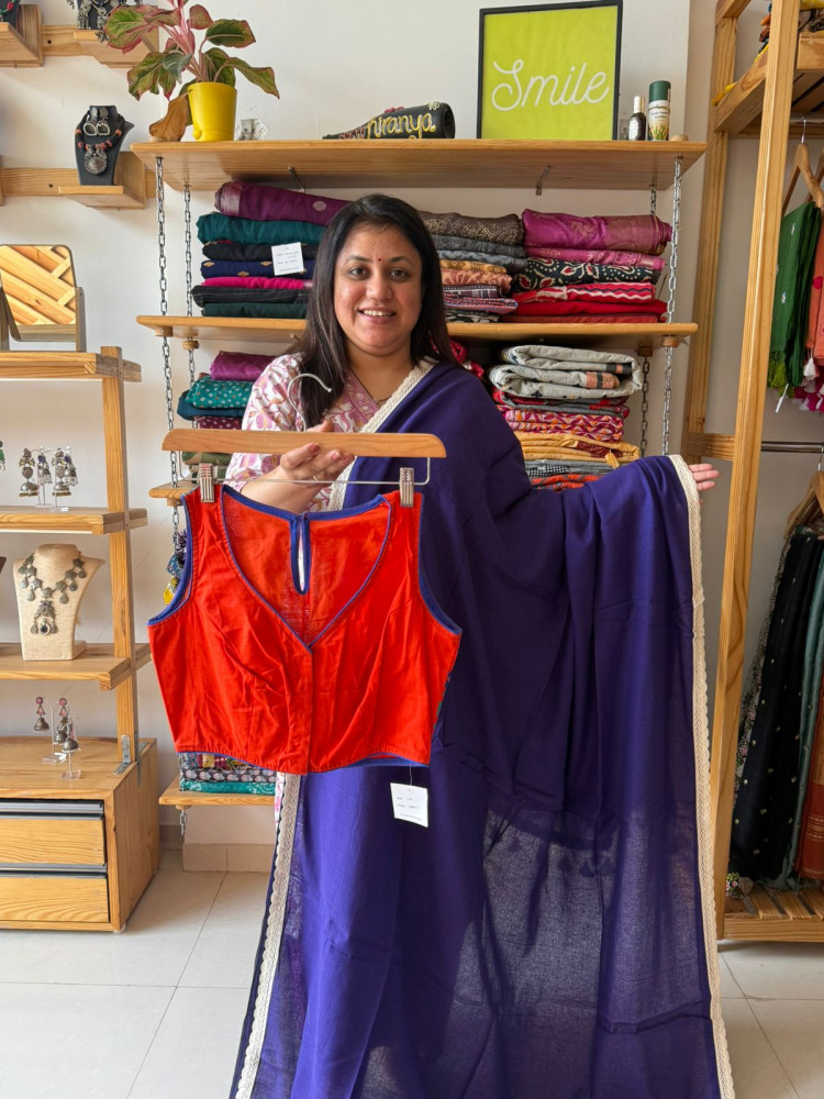 Image of Crochet Lace Mul Saree with Orange Blouse