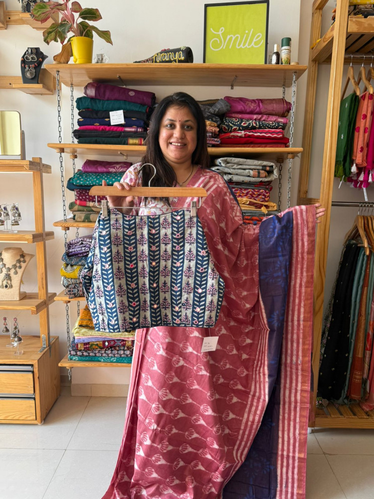 Image of Blockprint ART Chanderi Saree with Hand Embroidered Blouse