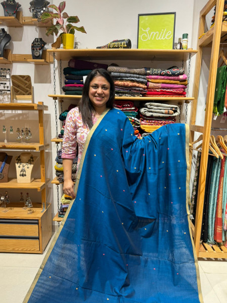 Blue Weaving Cotton Saree with Kalamkari Patchwork Blouse