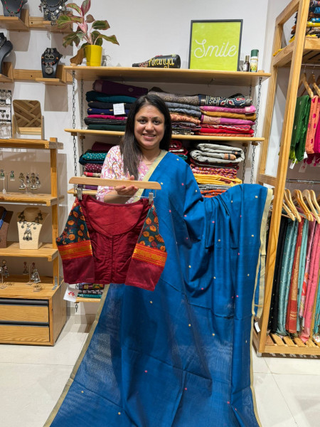 Blue Weaving Cotton Saree with Kalamkari Patchwork Blouse