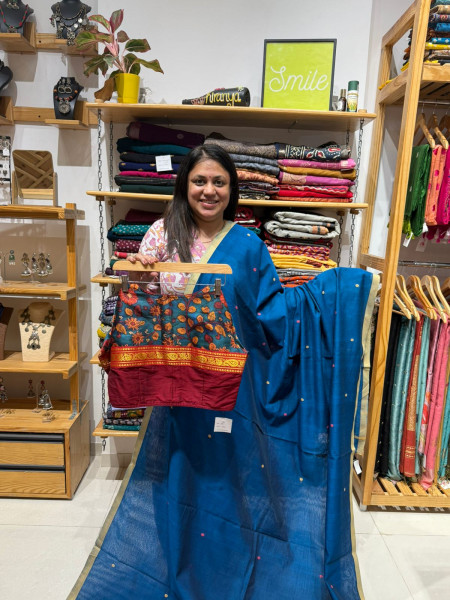 Blue Weaving Cotton Saree with Kalamkari Patchwork Blouse
