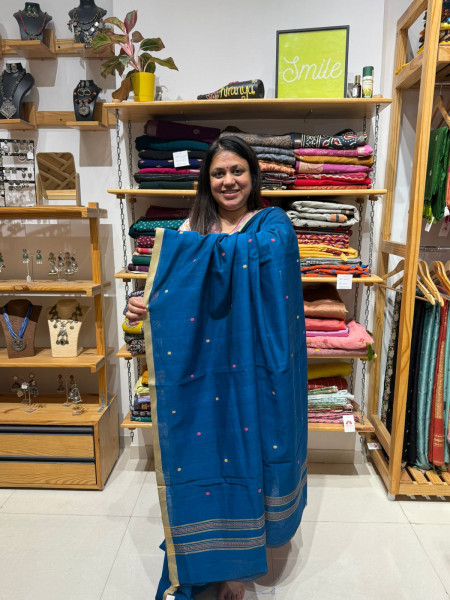 Blue Weaving Cotton Saree with Kalamkari Patchwork Blouse