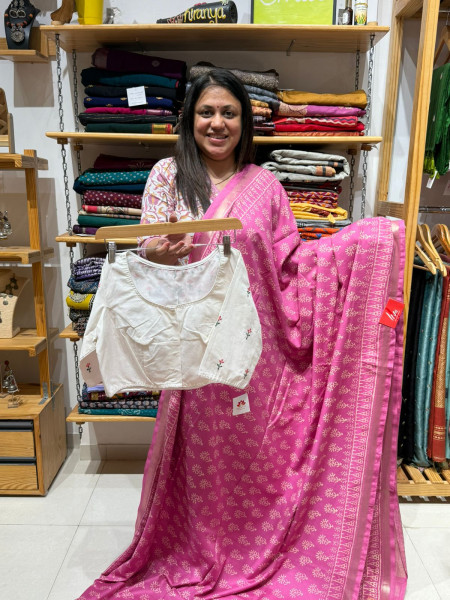 Modal Cotton Pink Saree with Deer Embroidery Blouse