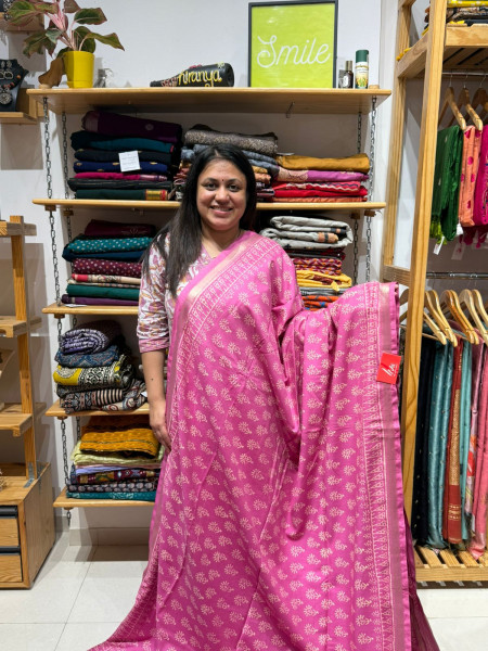 Modal Cotton Pink Saree with Deer Embroidery Blouse