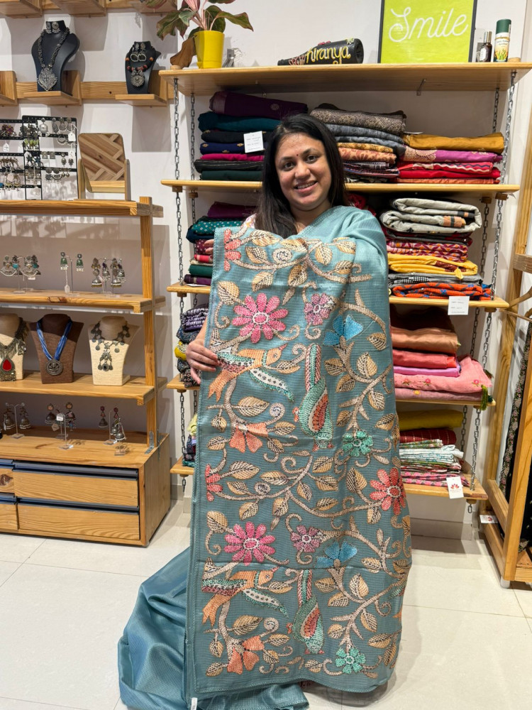 Image of Semi Kota Saree with Kalamkari Patchwork | Pastel Green