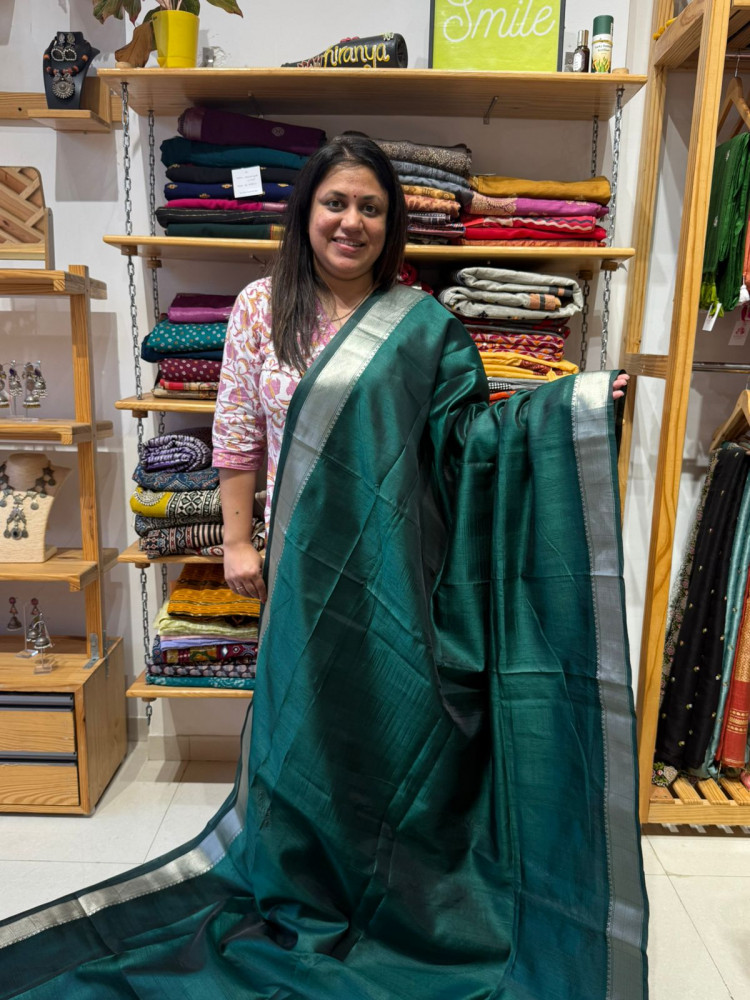 Image of Art Tussar Zari Border Saree with Kalamkari Pallu