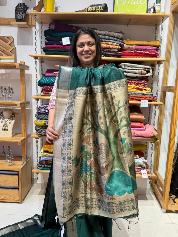 Image of Art Tussar Zari Border Saree with Kalamkari Pallu