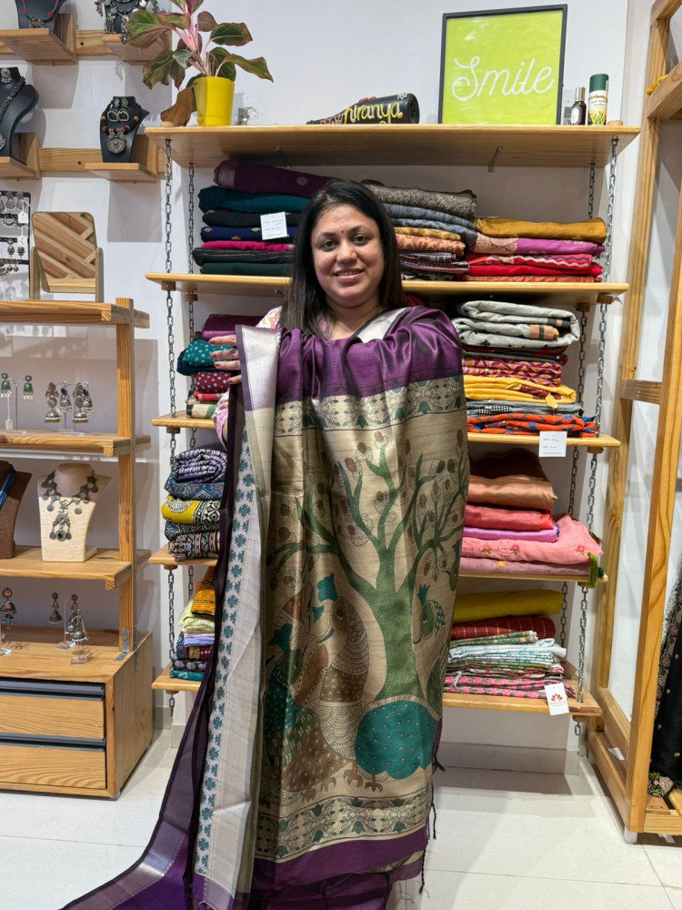 Image of Art Tussar Zari Border Saree with Kalamkari Pallu - Purple