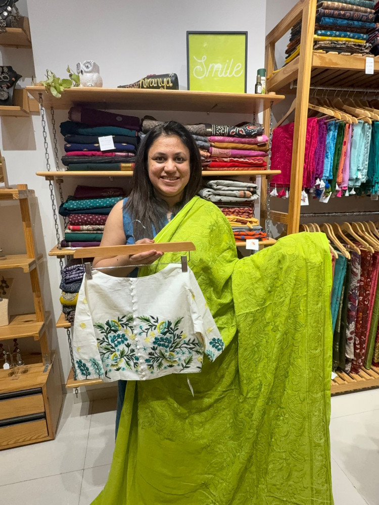 Image of Green Chikankari Saree with Embroidered Blouse.
