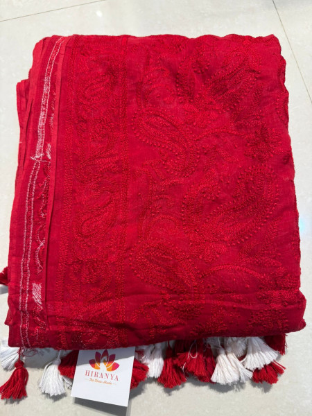 Red Chikankari Saree Sleeveless Blouse Combo