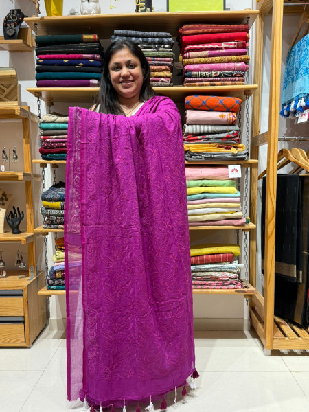 Chikankari work Mul Saree- Magenta