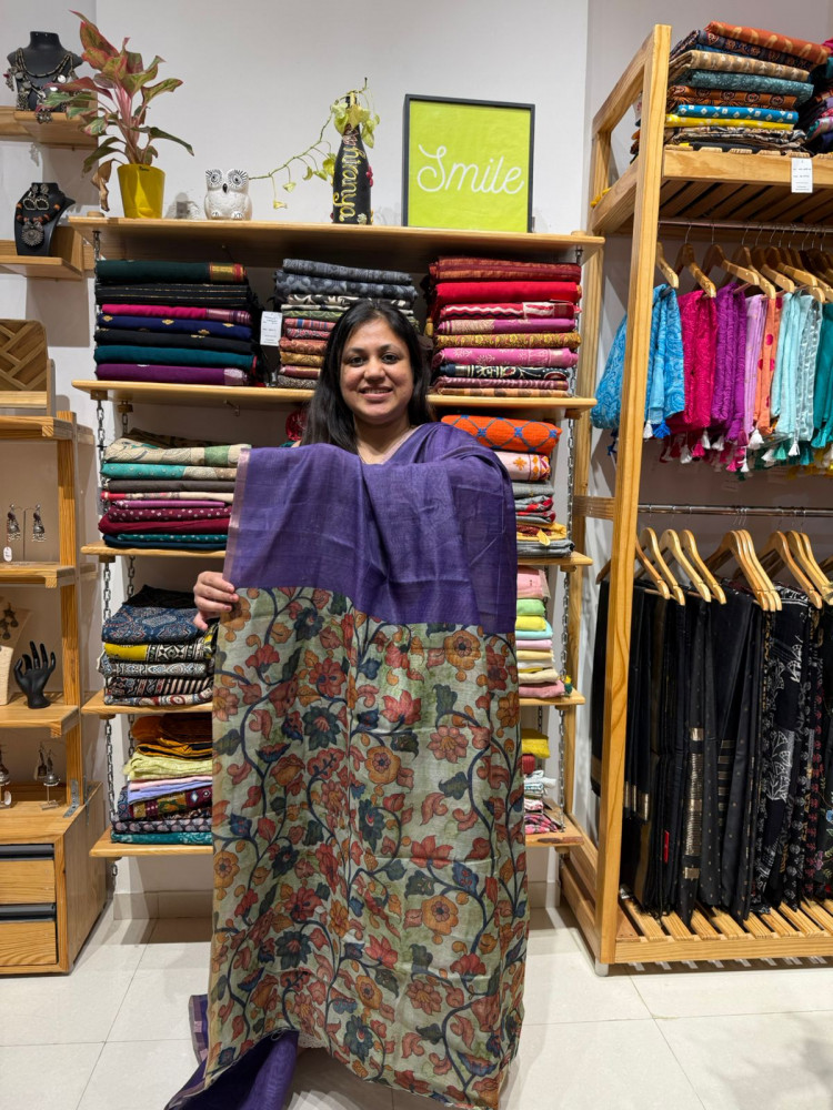 Image of Blended Cotton Saree with Kalamkari Pallu