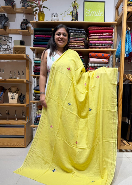 Mul Saree with Hand Embroidery - Lemon Yellow