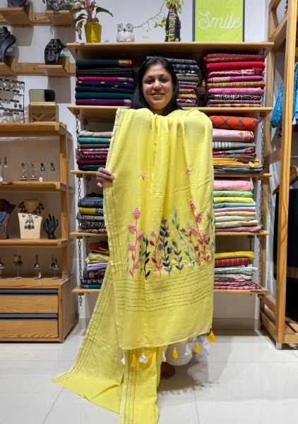 Mul Saree with Hand Embroidery - Lemon Yellow
