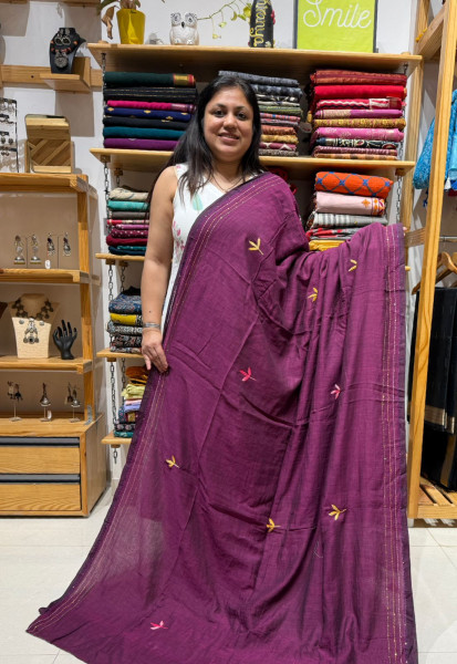 Mul Saree with Hand Embroidery - Purple