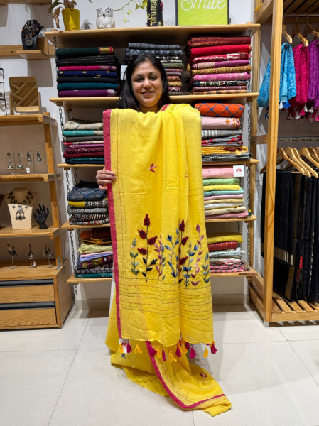 Mul Saree with Hand Embroidery - Sunshine Yellow