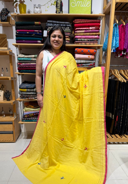 Mul Saree with Hand Embroidery - Sunshine Yellow