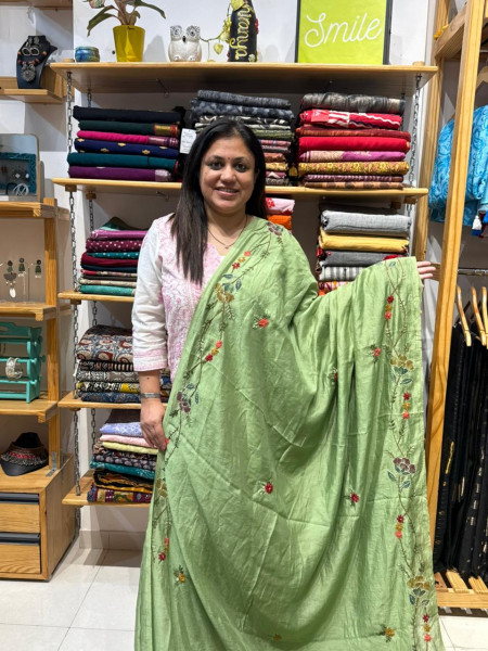 Mul chanderi Handpaint and Handwork Saree - Green