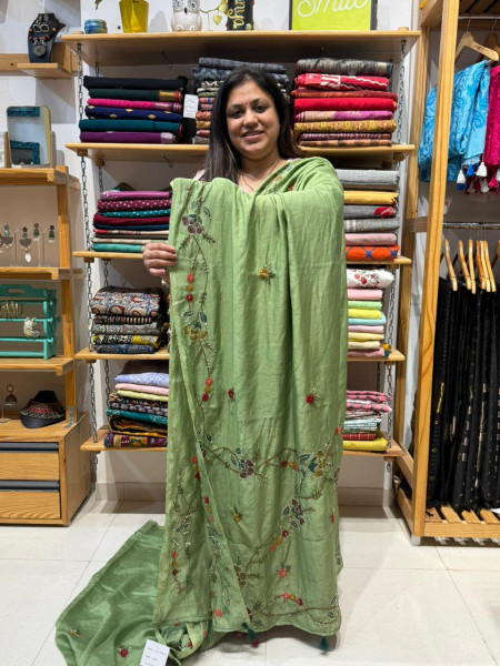 Mul chanderi Handpaint and Handwork Saree - Green