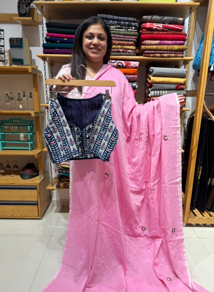 Image of Bestseller Combo- Pink Hand Embroidered Saree with Indigo Hand embroidered Blouse