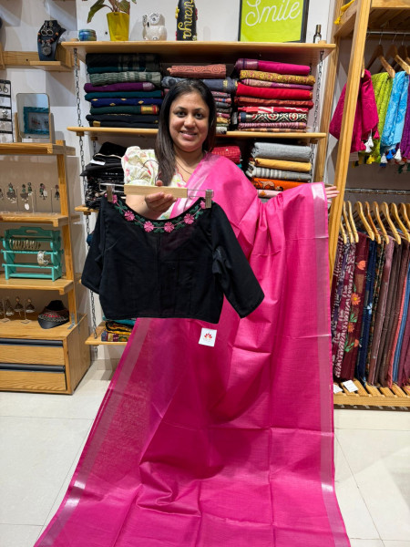 Linen Cotton Plain Saree with Embroidered Blouse