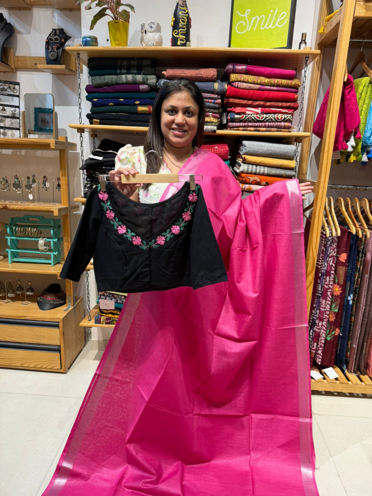 Image of Linen Cotton Plain Saree with Embroidered Blouse