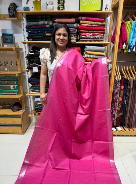 Linen Cotton Plain Saree with Embroidered Blouse