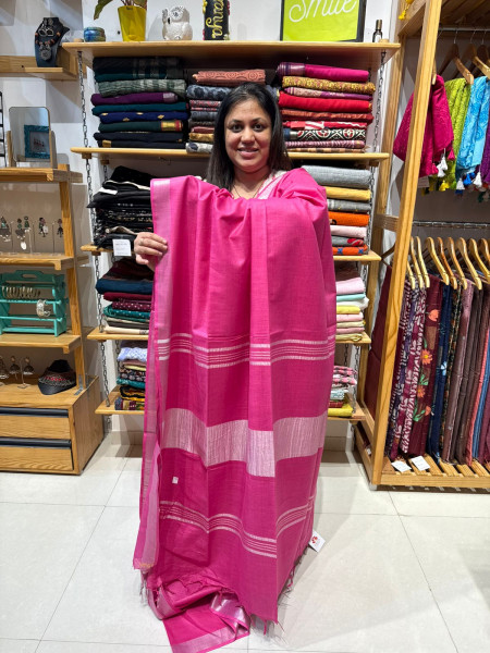 Linen Cotton Plain Saree with Embroidered Blouse